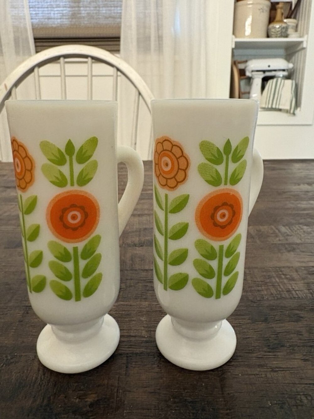 Avon Vintage Dutch Flower Milk Glass Pedestal Demitasse Skinny Cup Pair 70’s